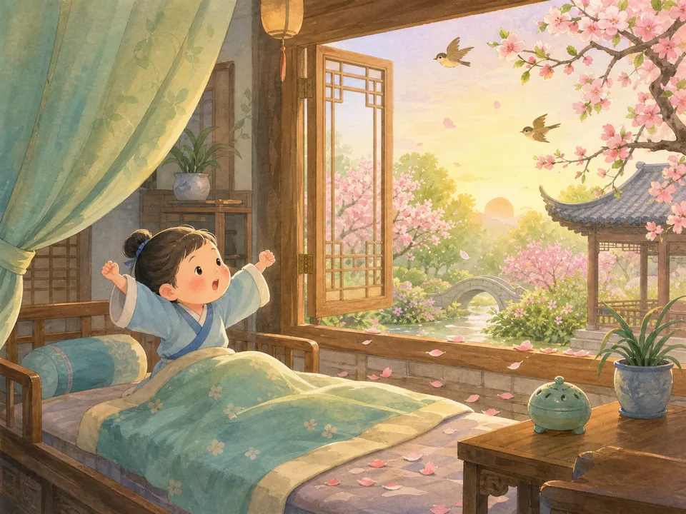 春天早晨的卧室窗外有小鸟，花园里落着昨夜风雨吹下的花瓣
