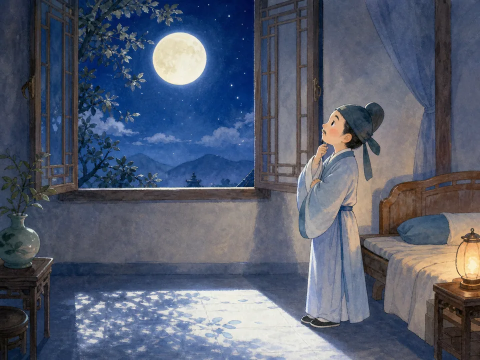 安静夜晚，明亮月光照进床前，诗人抬头望月想念家乡