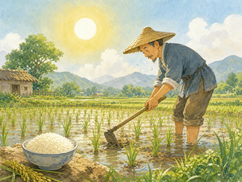 烈日下农人弯腰锄禾，汗滴进泥土，前景放着一碗米饭
