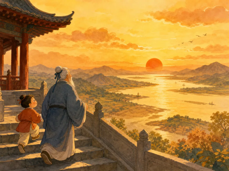 夕阳靠着远山，黄河流向远方，孩子和诗人登楼眺望