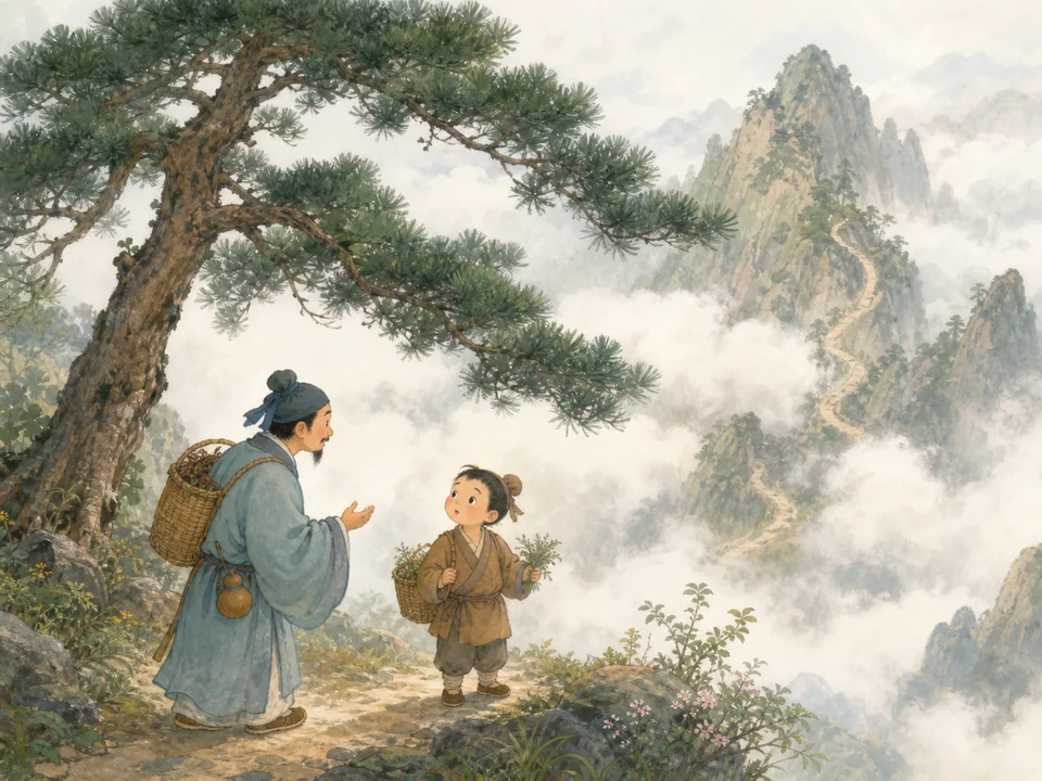 云雾缭绕的山中，诗人在松树下询问背着药篓的童子