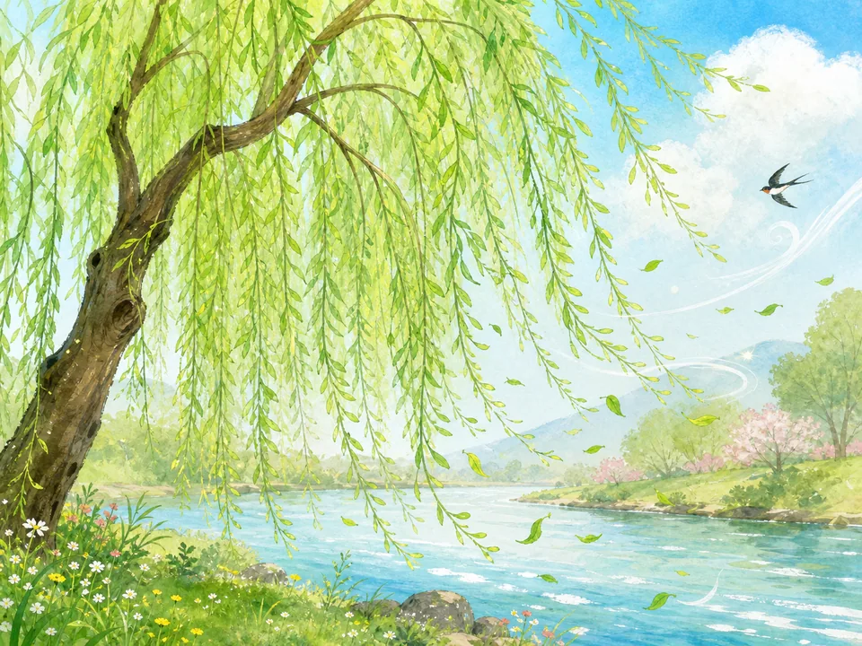 春风吹动河边高高的柳树，千万条嫩绿柳枝像丝带垂下