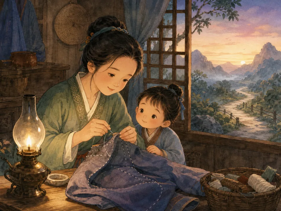温暖油灯下，母亲为将要远行的孩子密密缝补衣服